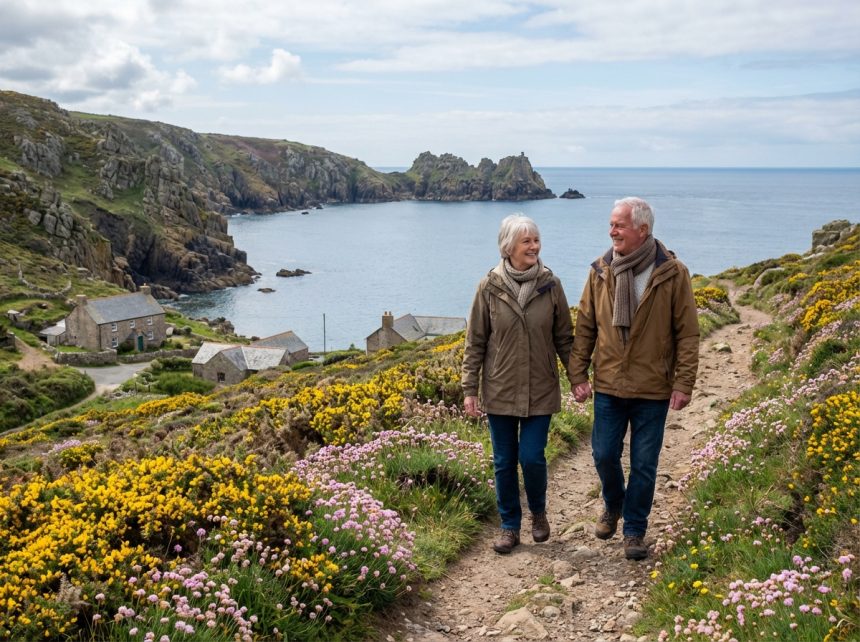 Couple senior actif marchant côte à côte en Bretagne
