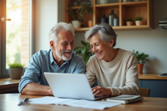 Couple senior souriant lisant des documents de logement