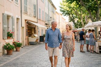 Couple senior marchant dans Hyeres en Provence