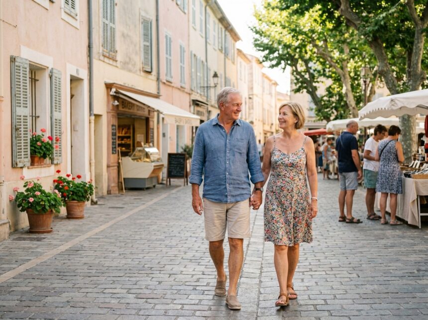 Couple senior marchant dans Hyeres en Provence
