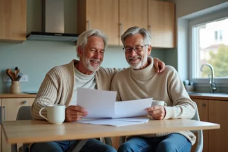 Couple senior souriant revoyant des documents de pension