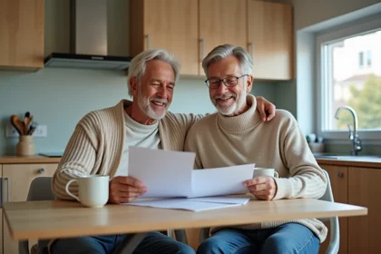 Couple senior souriant revoyant des documents de pension