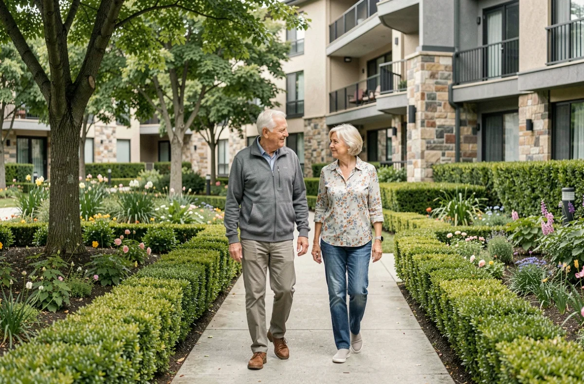 Couple de seniors se promenant dans le jardin aménagé d'une résidence pour personnes âgées autonomes