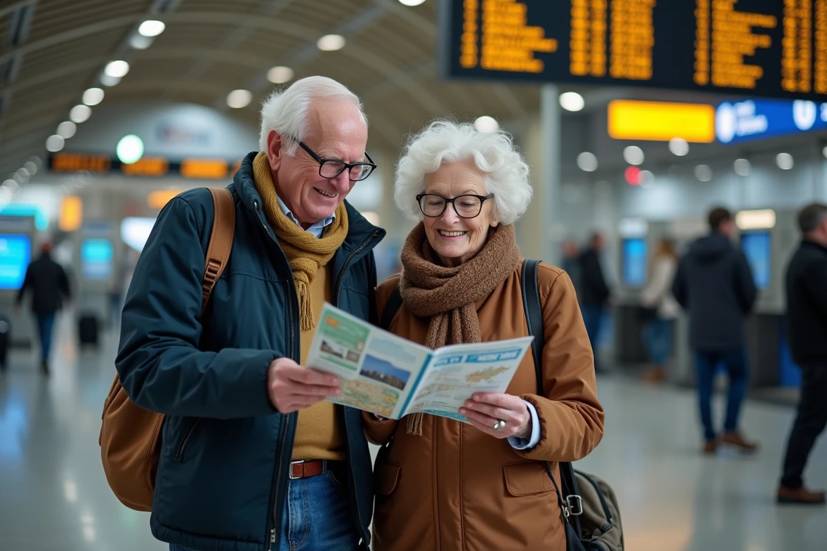 Couple senior regardant un brochure de voyage