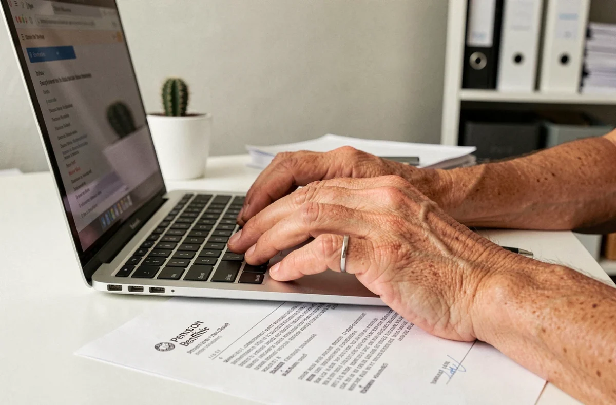 Mains tapant sur un ordinateur portable pour corriger une erreur de versement de pension d'invalidité en ligne