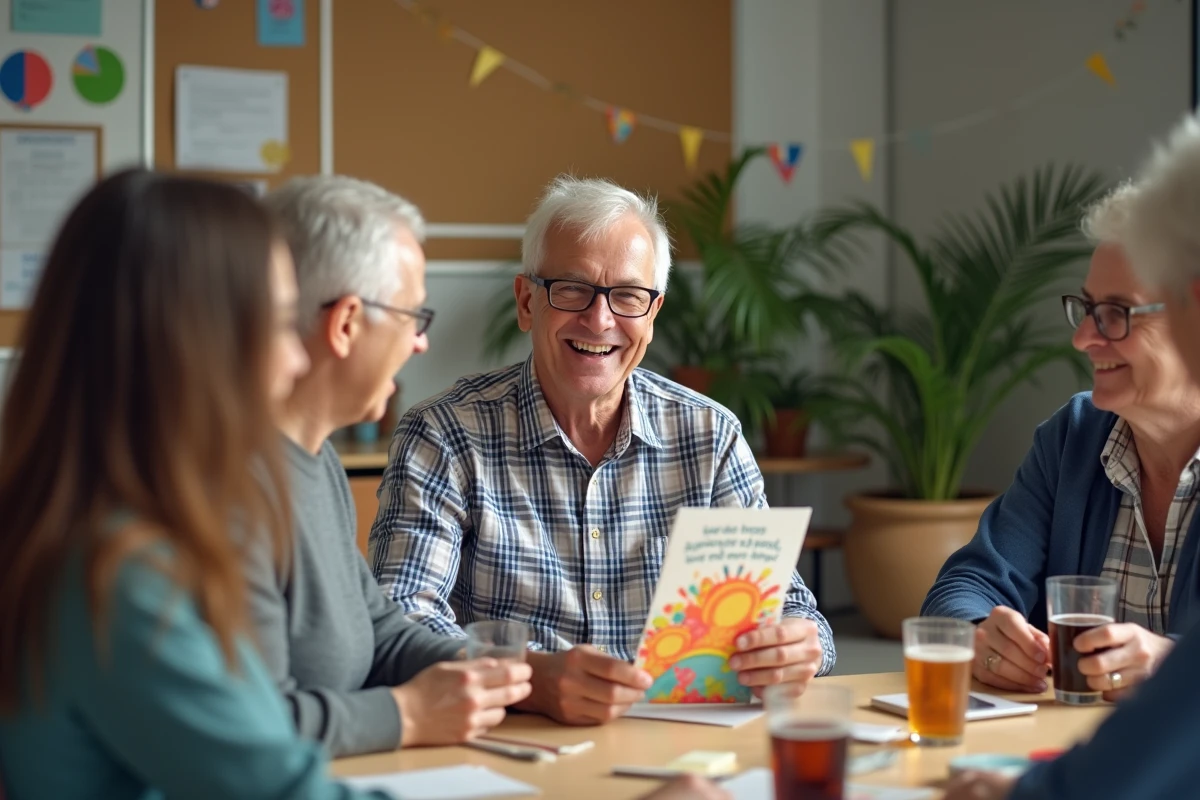 Groupe de collègues souriants lors d'une fête de départ à la retraite