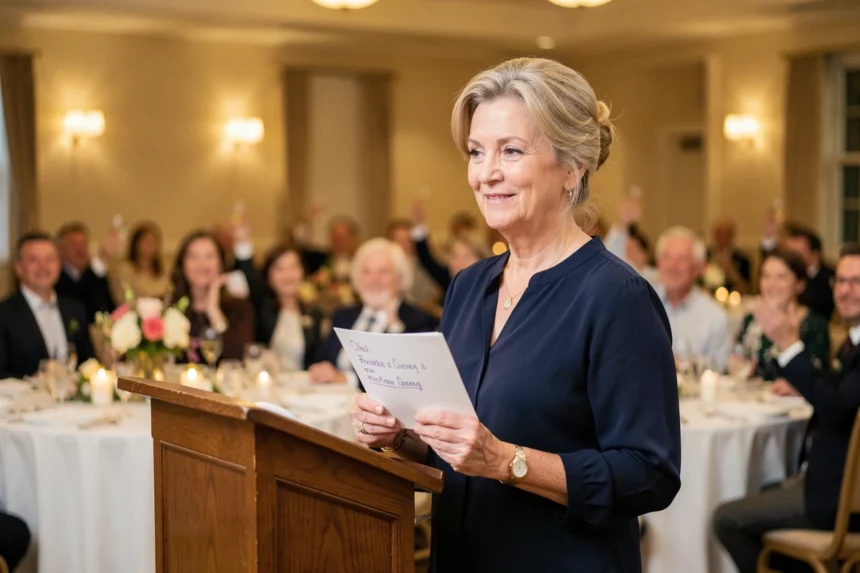 Une femme prononce un discours émouvant lors d'une fête de départ à la retraite devant des collègues réunis autour de tables décorées