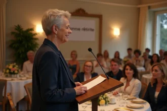 Femme prononçant un discours émouvant lors d'une fête de départ en retraite dans une salle de réception décorée