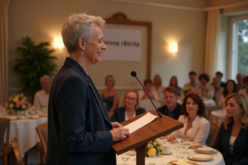 Femme prononçant un discours émouvant lors d'une fête de départ en retraite dans une salle de réception décorée