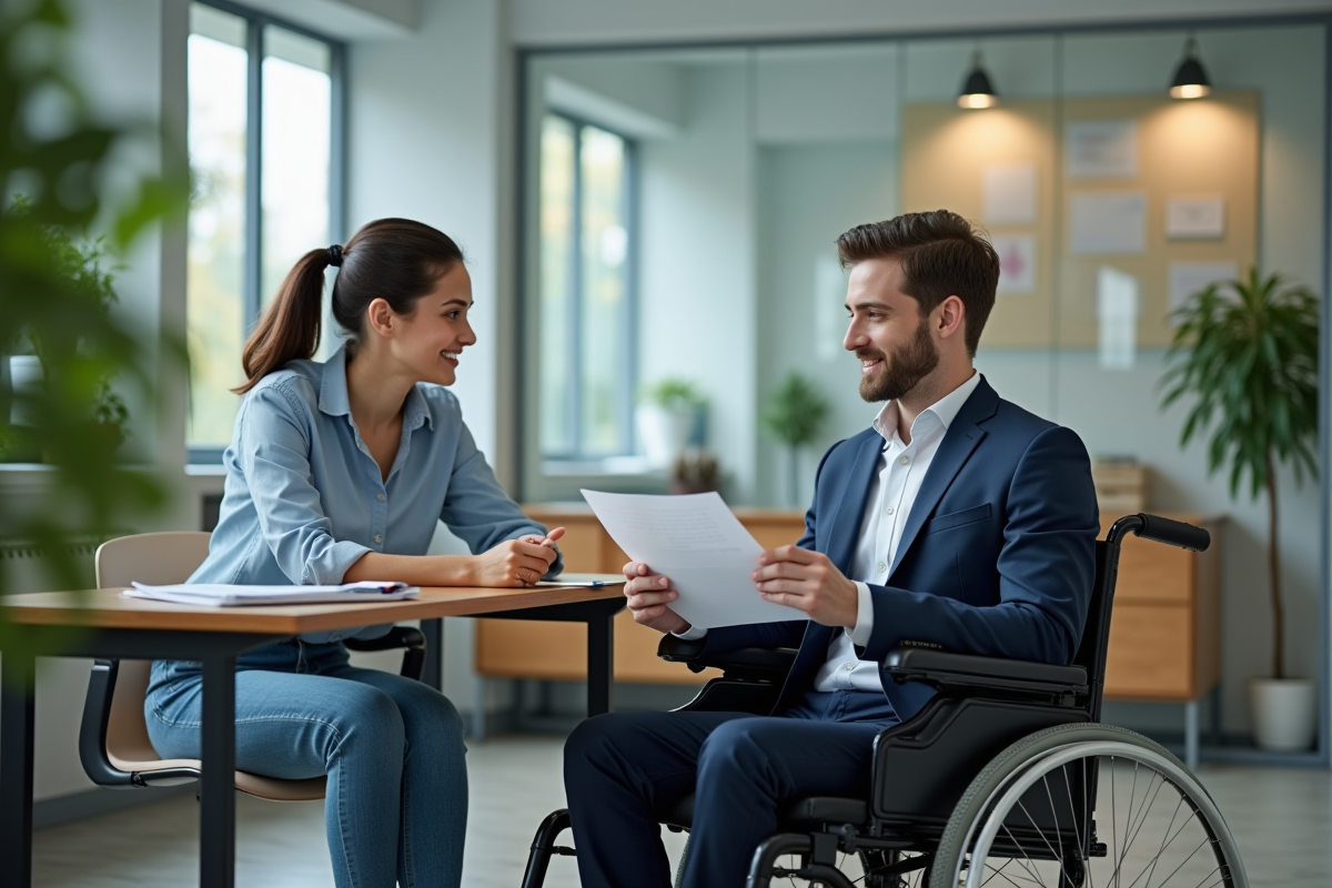 Jeune homme en fauteuil discute avec une assistante