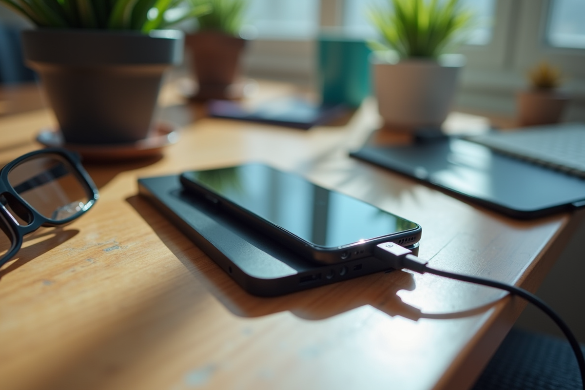 Doro phone en charge avec accessoires sur un bureau lumineux