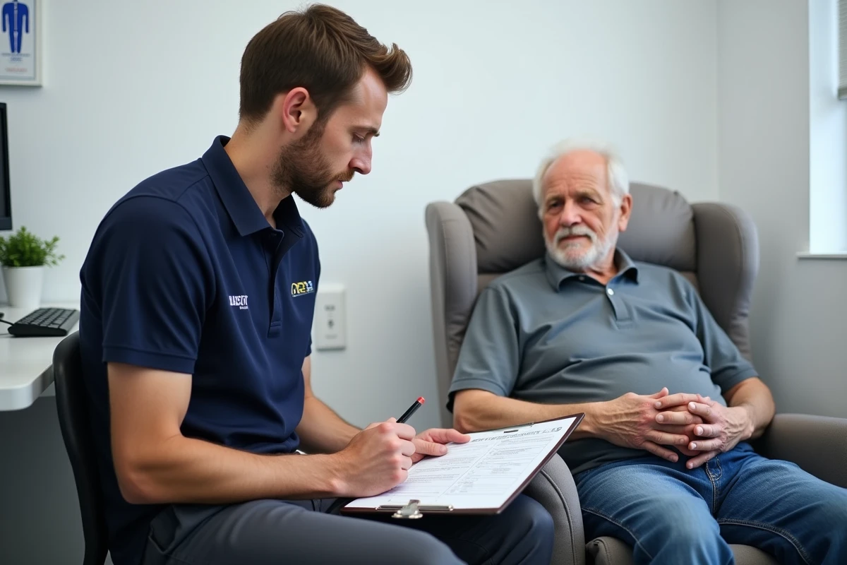 Ergothérapeute expliquant le remboursement d'un fauteuil releveur à un patient âgé avec formulaire LPPR