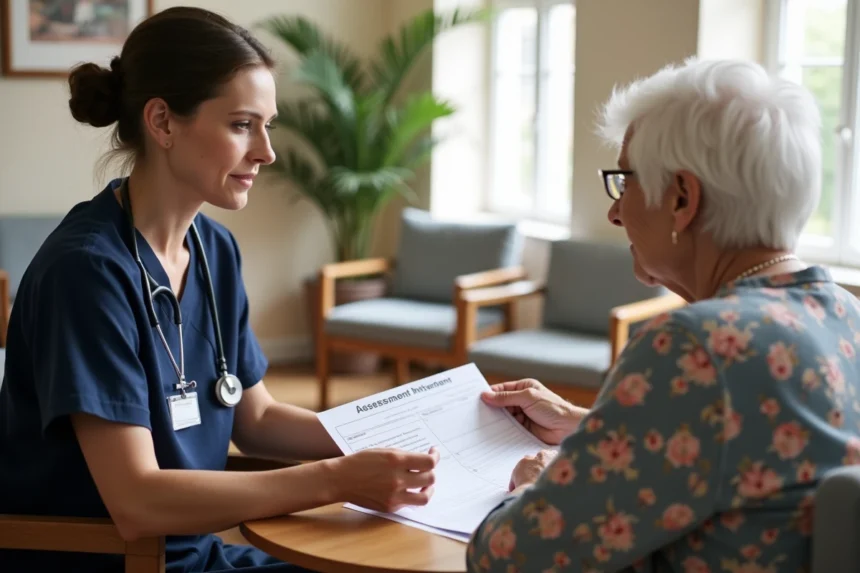 Professionnelle de santé évaluant une personne âgée avec la grille AGGIR dans un établissement de soins