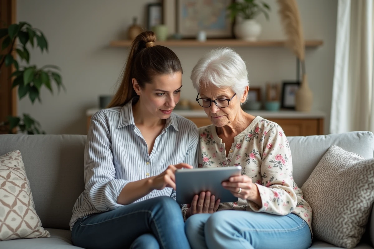 Une jeune femme explique à sa mère âgée comment utiliser le service proxima.fr sur une tablette numérique dans un salon familial, dans le contexte d'une tutelle familiale et de la gestion administrative en ligne.
