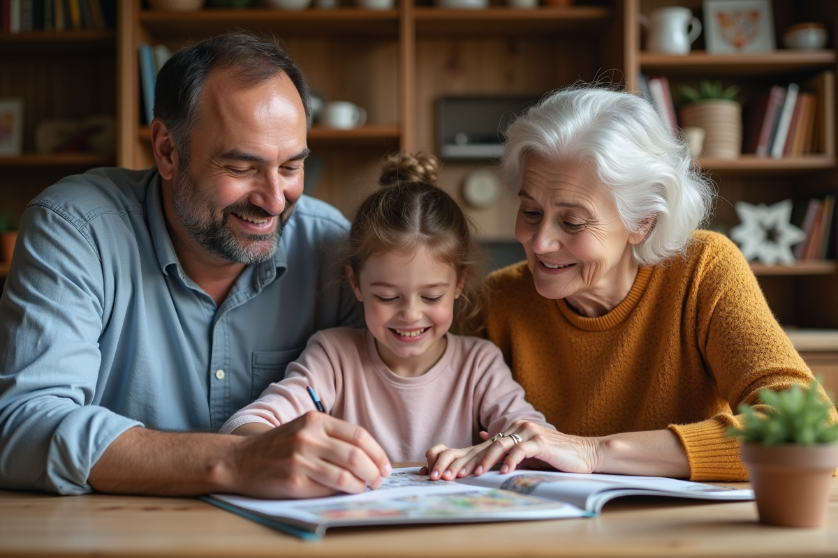 Groupe familial partageant un scrapbook à la maison