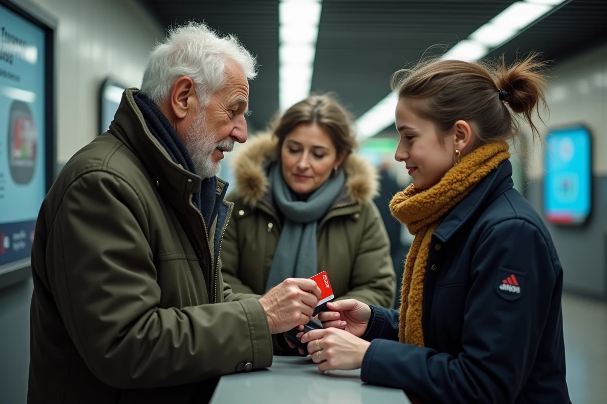 Famille achetant des tickets Navigo au guichet parisien
