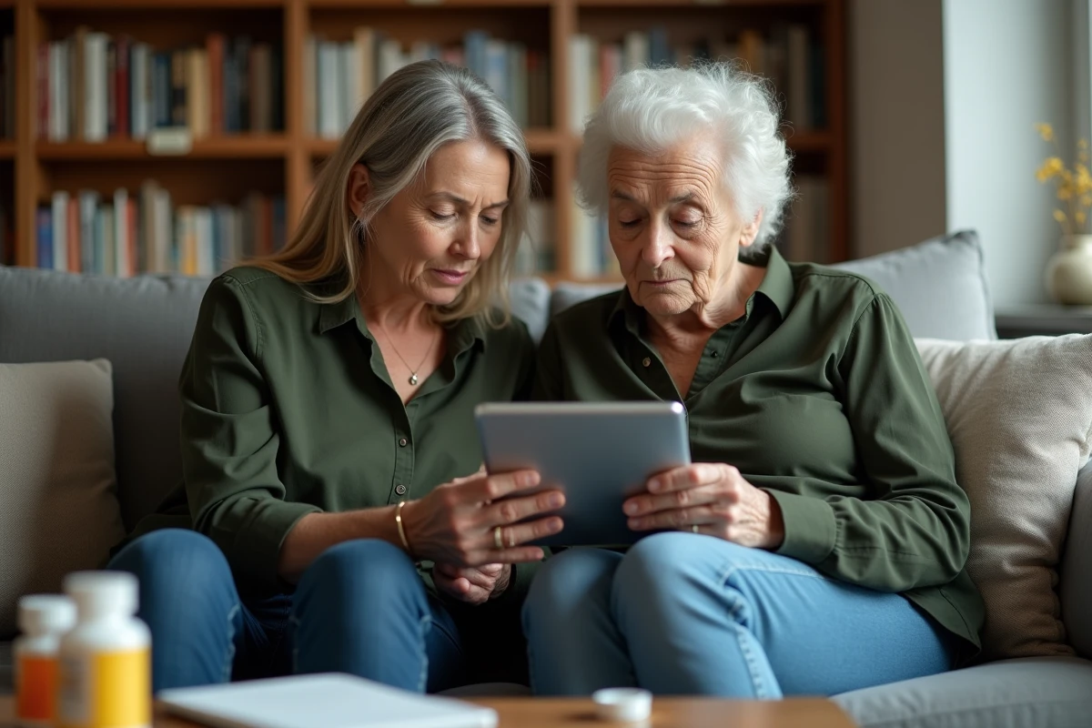 Fille adulte et sa mère âgée consultant ensemble une évaluation d'autonomie ADL sur tablette avant une entrée en EHPAD