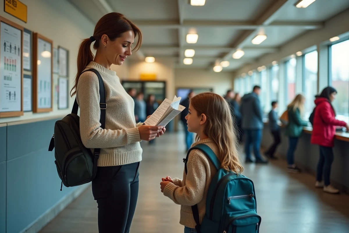 Famille monoparentale récupérant des chèques vacances dans un bureau administratif