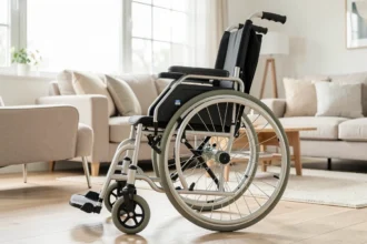 Fauteuil roulant manuel déplié dans un salon lumineux