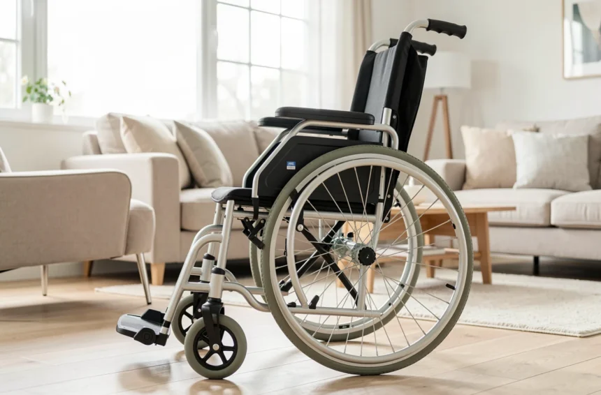Fauteuil roulant manuel déplié dans un salon lumineux
