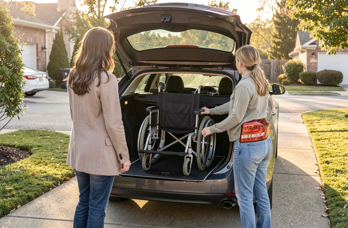 Fauteuil roulant plié chargé dans le coffre d'une voiture