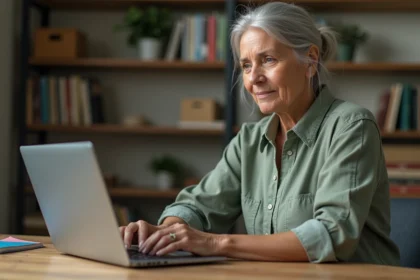Femme de 50 ans travaillant à distance depuis son bureau à domicile, symbole de reconversion professionnelle grâce au télétravail