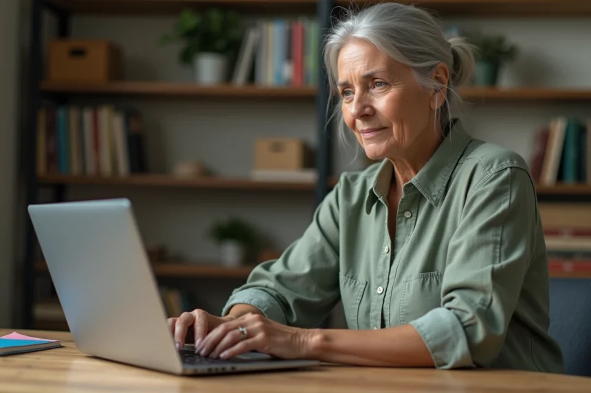 Femme de 50 ans travaillant à distance depuis son bureau à domicile, symbole de reconversion professionnelle grâce au télétravail