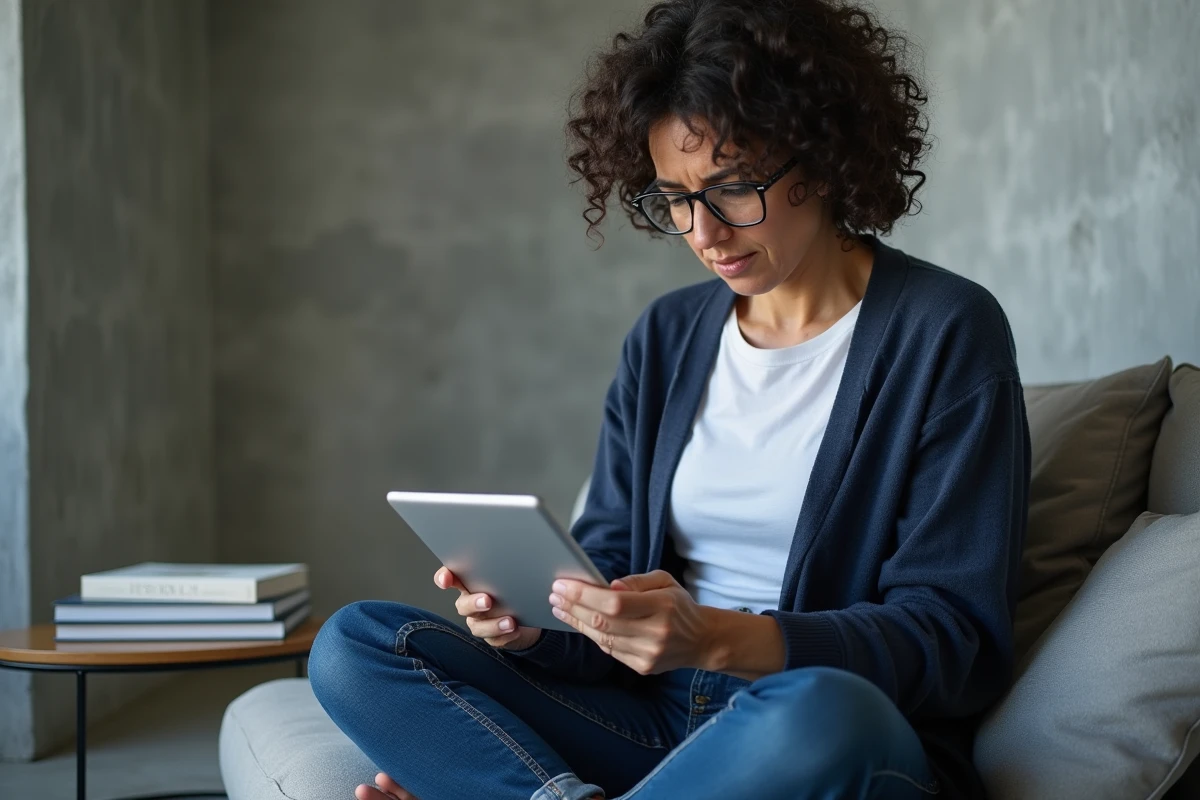 Femme de 51 ans explorant des opportunités de travail en ligne sur une tablette, représentant la transition de carrière et le nouveau départ à 50 ans
