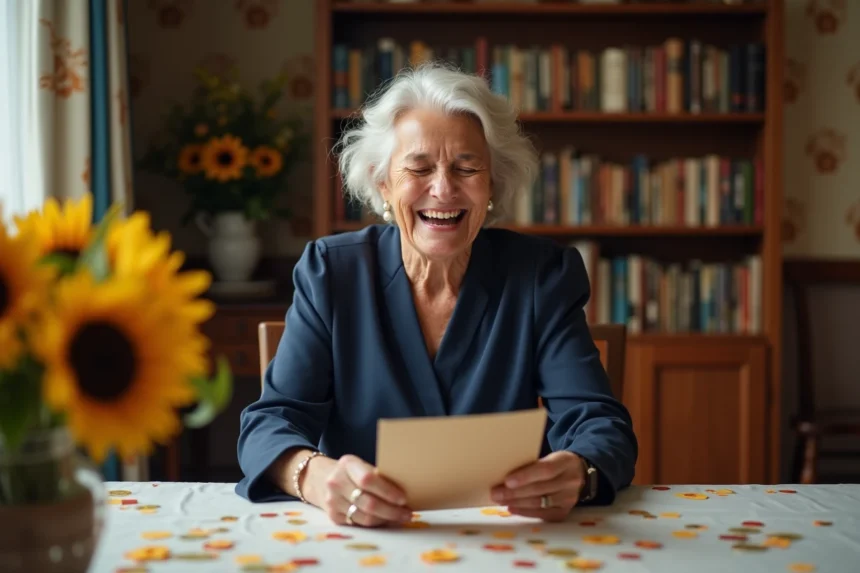 Femme de 70 ans riant en lisant une carte d'anniversaire humoristique à une table décorée de confettis et tournesols