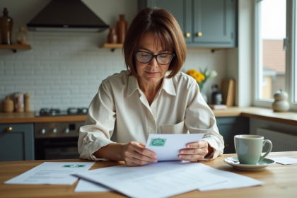 Femme examinant une lettre avec un timbre vert dans la cuisine