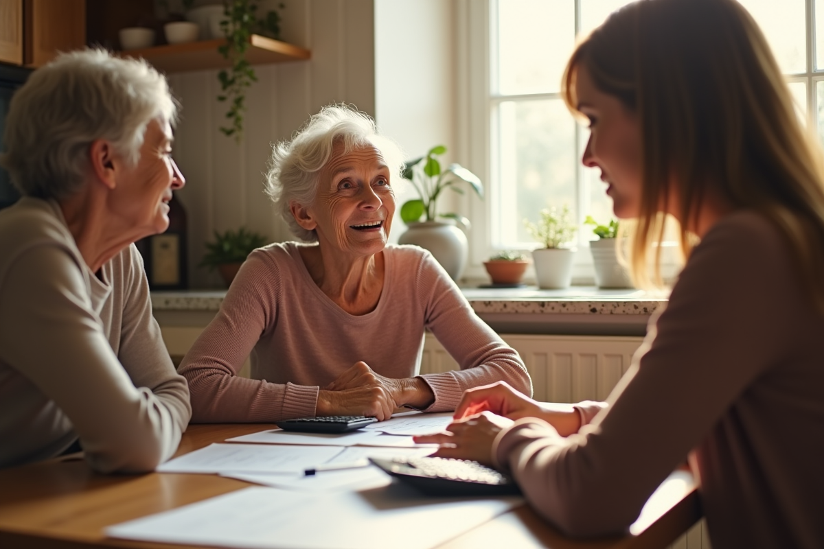 Femme agee discutant avec sa famille à la cuisine