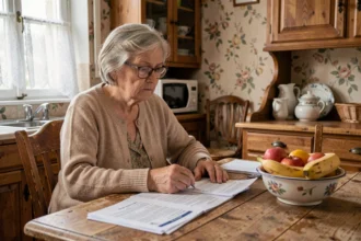 Femme âgée examinant des documents administratifs liés à l'APA et à la succession à domicile