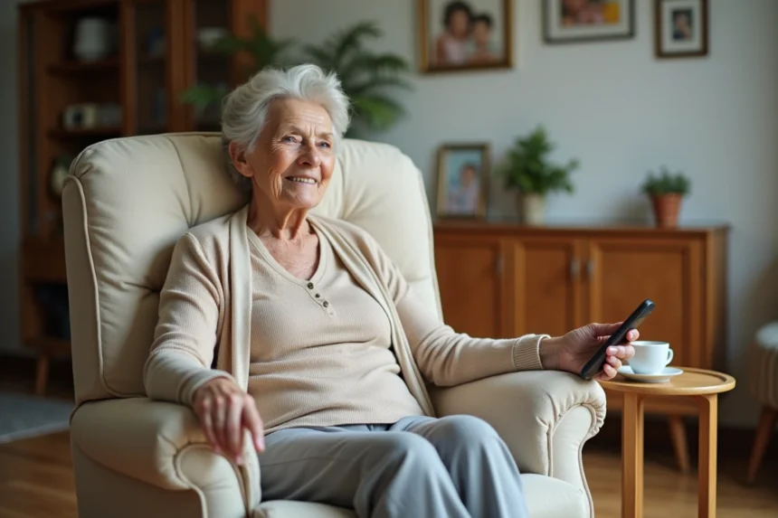 Femme âgée utilisant un fauteuil releveur électrique à domicile pour se lever de façon autonome