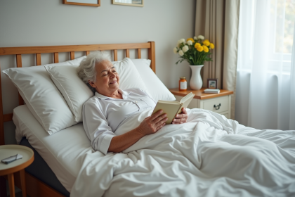 Femme agee lisant un livre dans sa chambre confortable