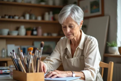 Femme âgée choisissant des pinceaux aquarelle dans un atelier créatif à domicile