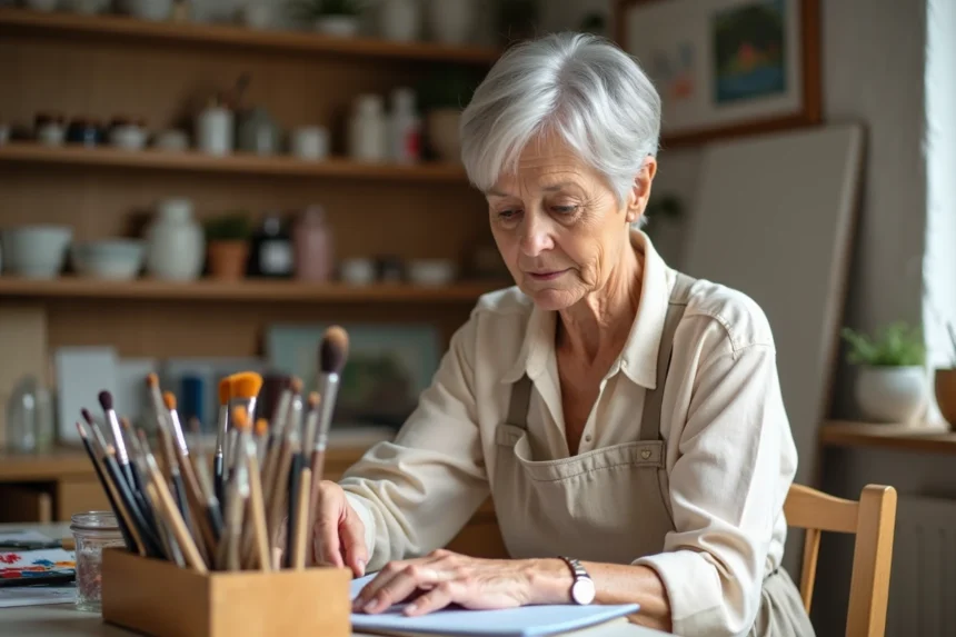 Femme âgée choisissant des pinceaux aquarelle dans un atelier créatif à domicile