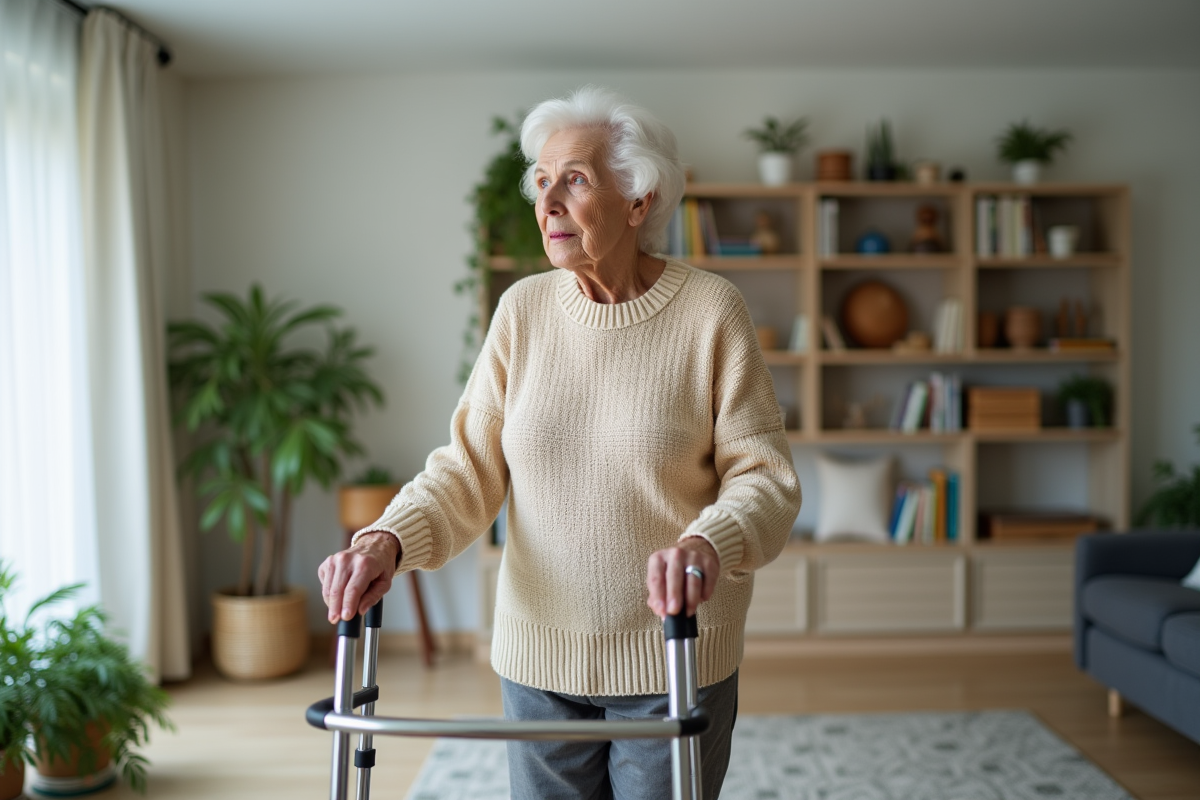 Femme âgée marcheuse dans un salon lumineux et accueillant