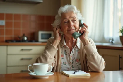Une femme âgée au téléphone fixe dans sa cuisine, prenant des notes lors d'un premier appel à un service d'assistance senior