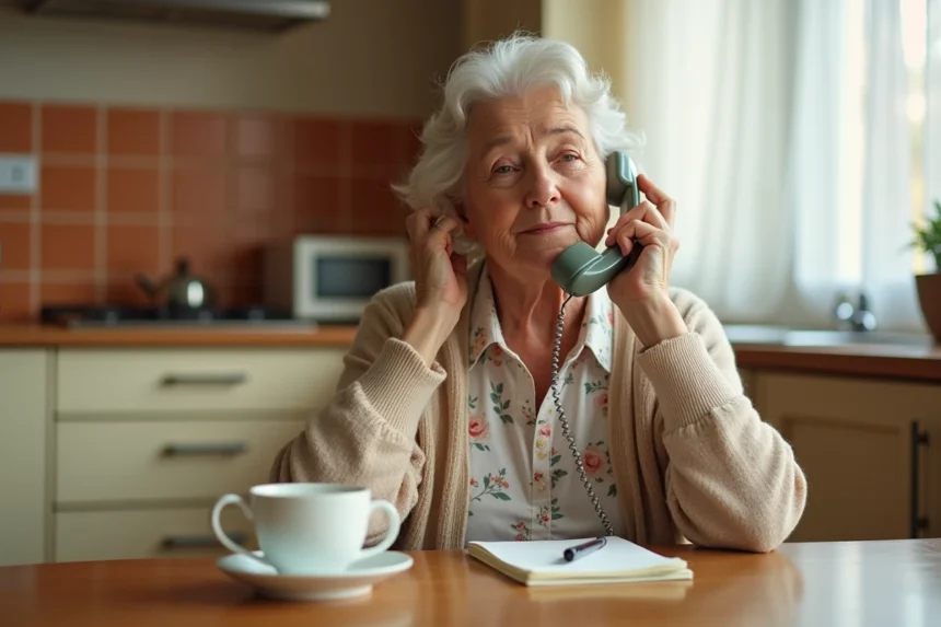 Une femme âgée au téléphone fixe dans sa cuisine, prenant des notes lors d'un premier appel à un service d'assistance senior