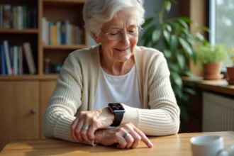 Femme agee examine sa montre de detection de chute