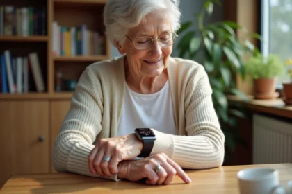 Femme agee examine sa montre de detection de chute