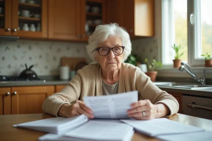Femme âgée lit ses relevés bancaires dans la cuisine lumineuse