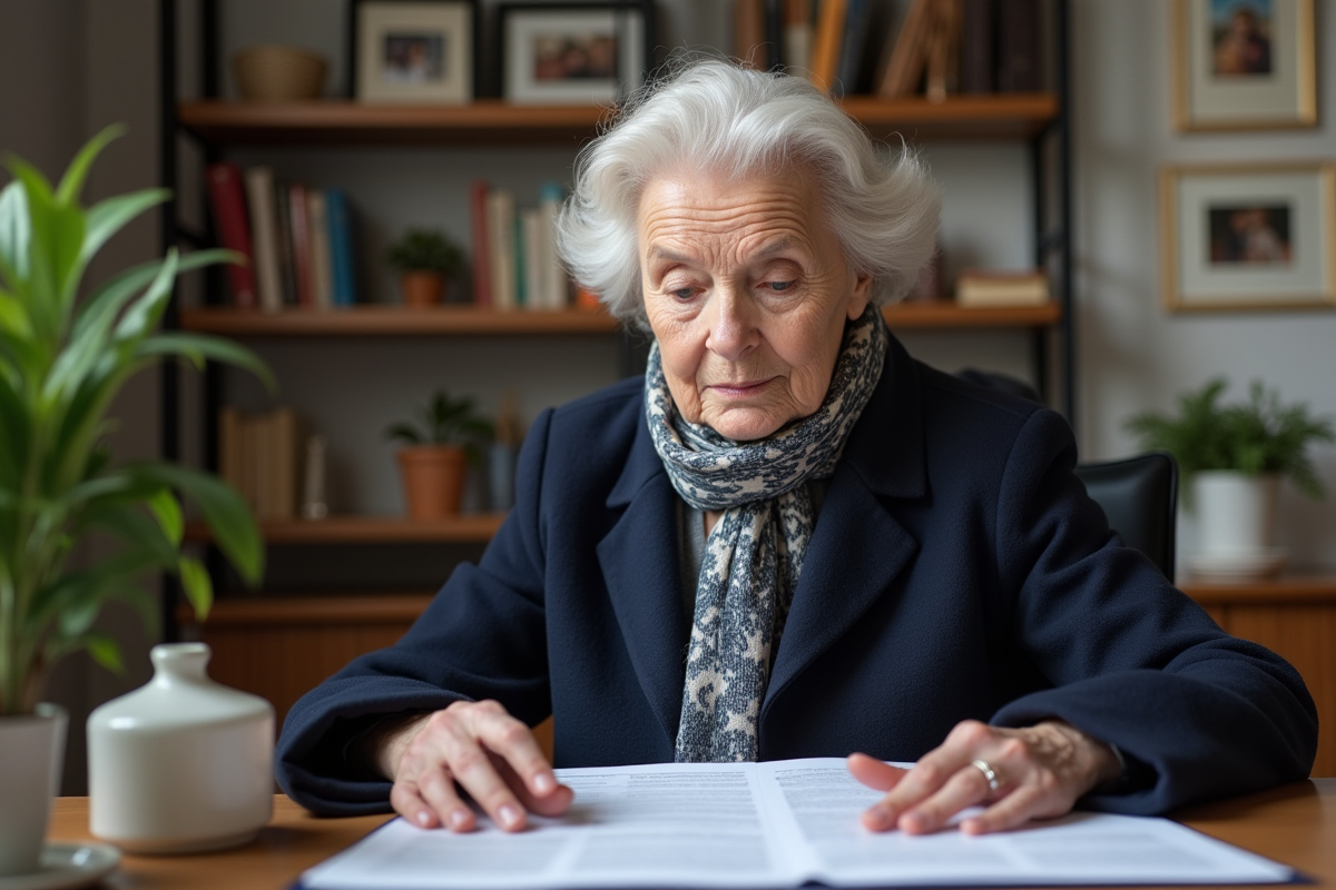 Femme âgée lisant des documents dans un appartement parisien
