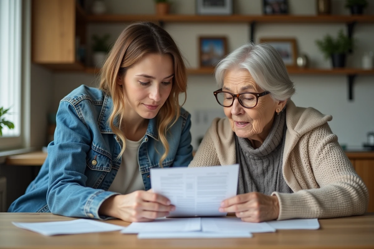 Femme aidant sa mère à vérifier les factures à la maison