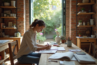 Femme dessinant dans son atelier lumineux avec étagères pleines d'objets