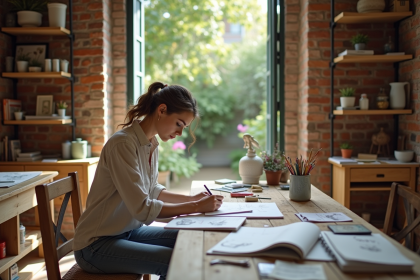 Femme dessinant dans son atelier lumineux avec étagères pleines d'objets