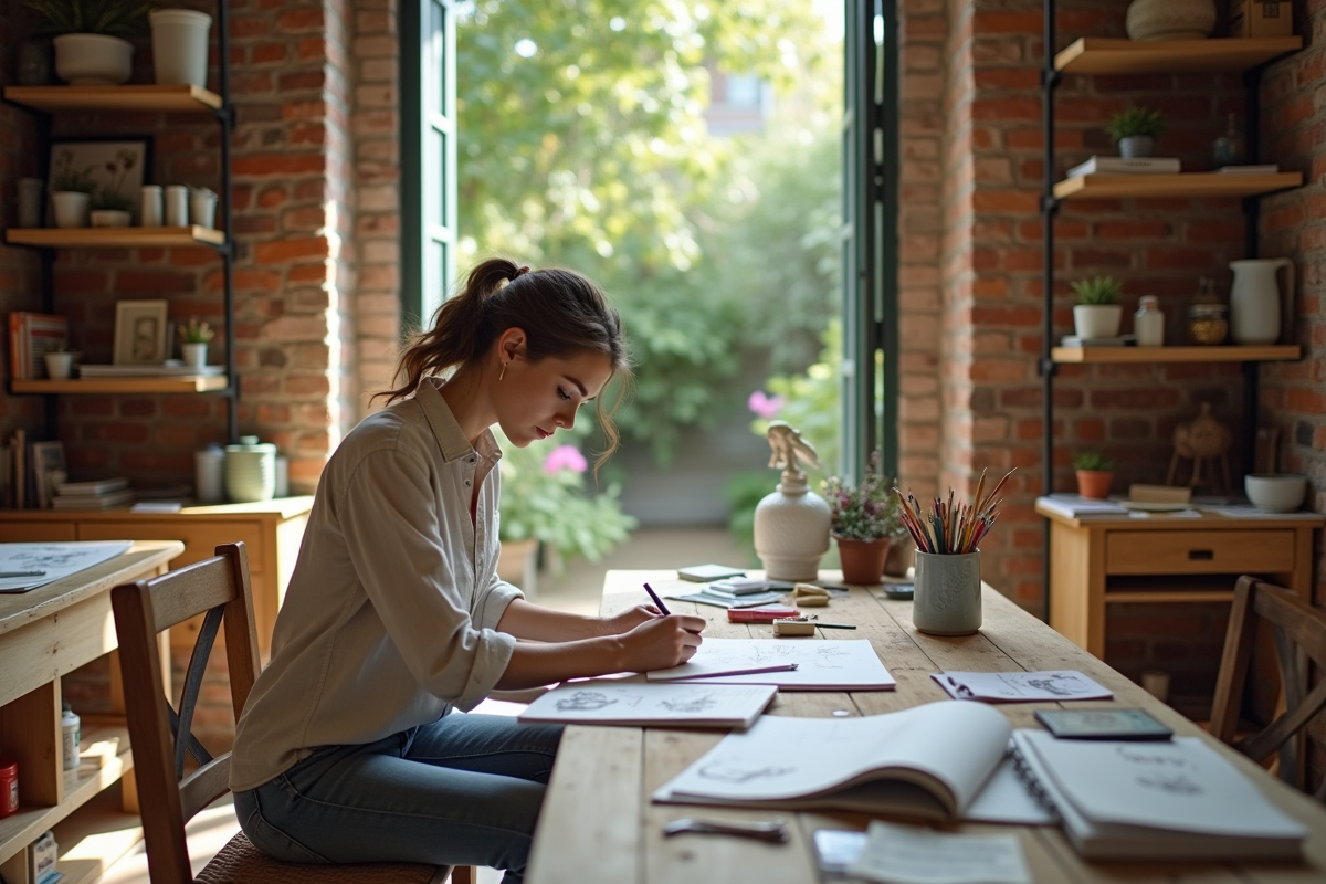 Femme dessinant dans son atelier lumineux avec étagères pleines d'objets