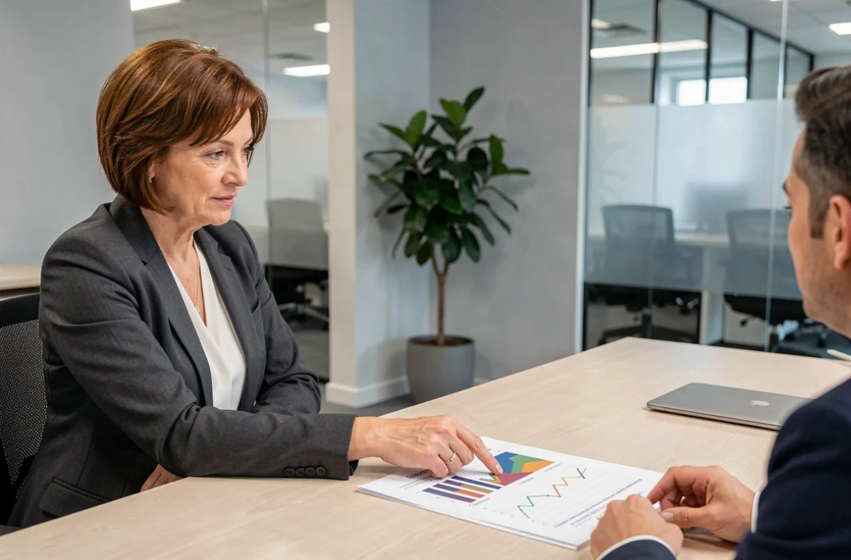 Une femme de 58 ans consulte un conseiller financier au sujet de sa retraite maximale, dans un bureau professionnel moderne
