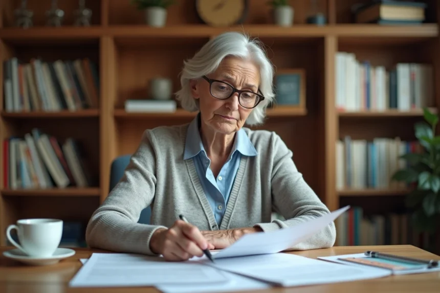 Femme à la retraite consultant des documents de relevé de carrière et de trimestres de retraite à son bureau à domicile