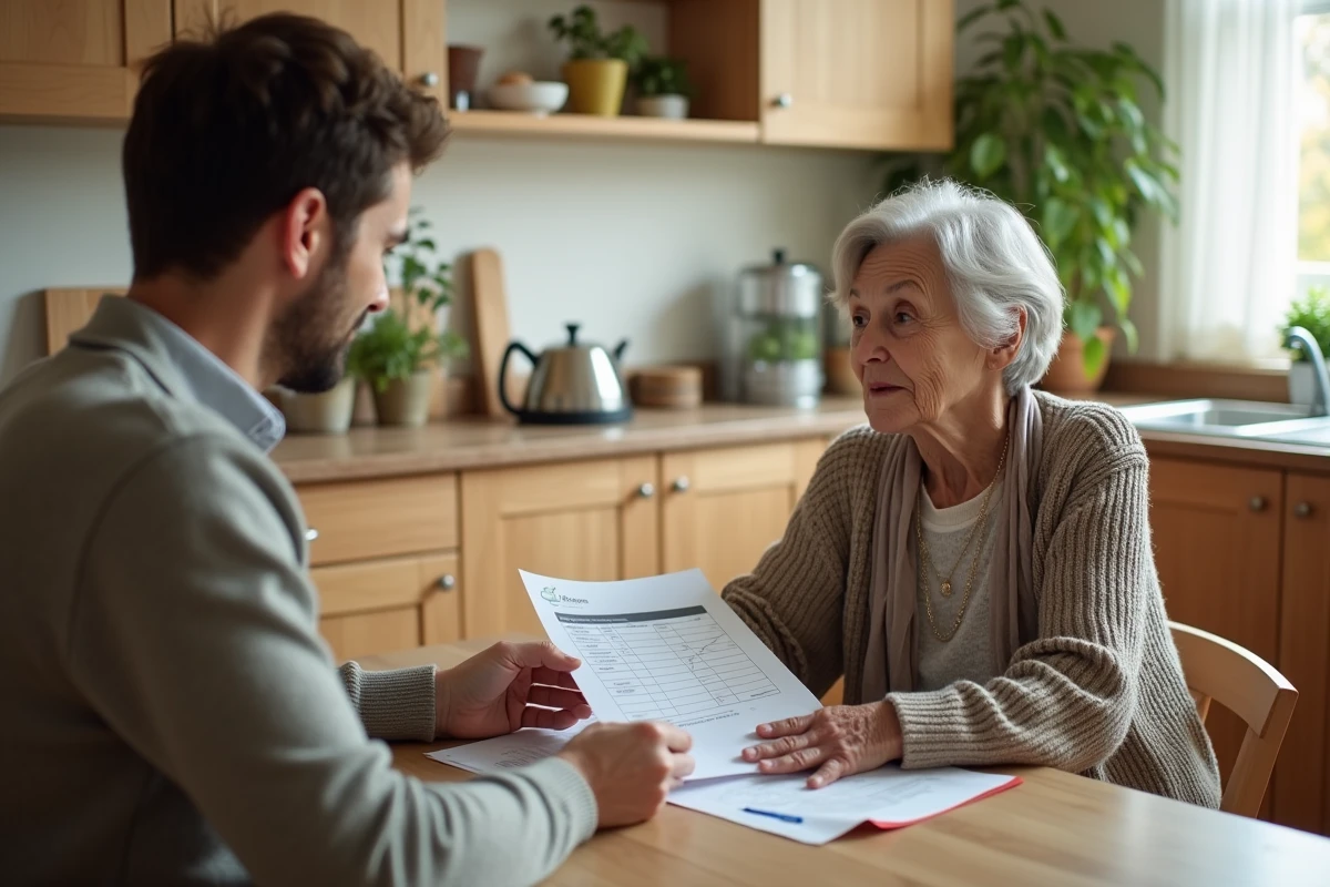 Femme âgée discutant du formulaire Tinetti avec un aidant dans la cuisine